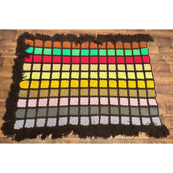 Other - Vintage Granny Square Blanket Afghan Couch Throw Hand Made Crochet Brown‎ 46x64"